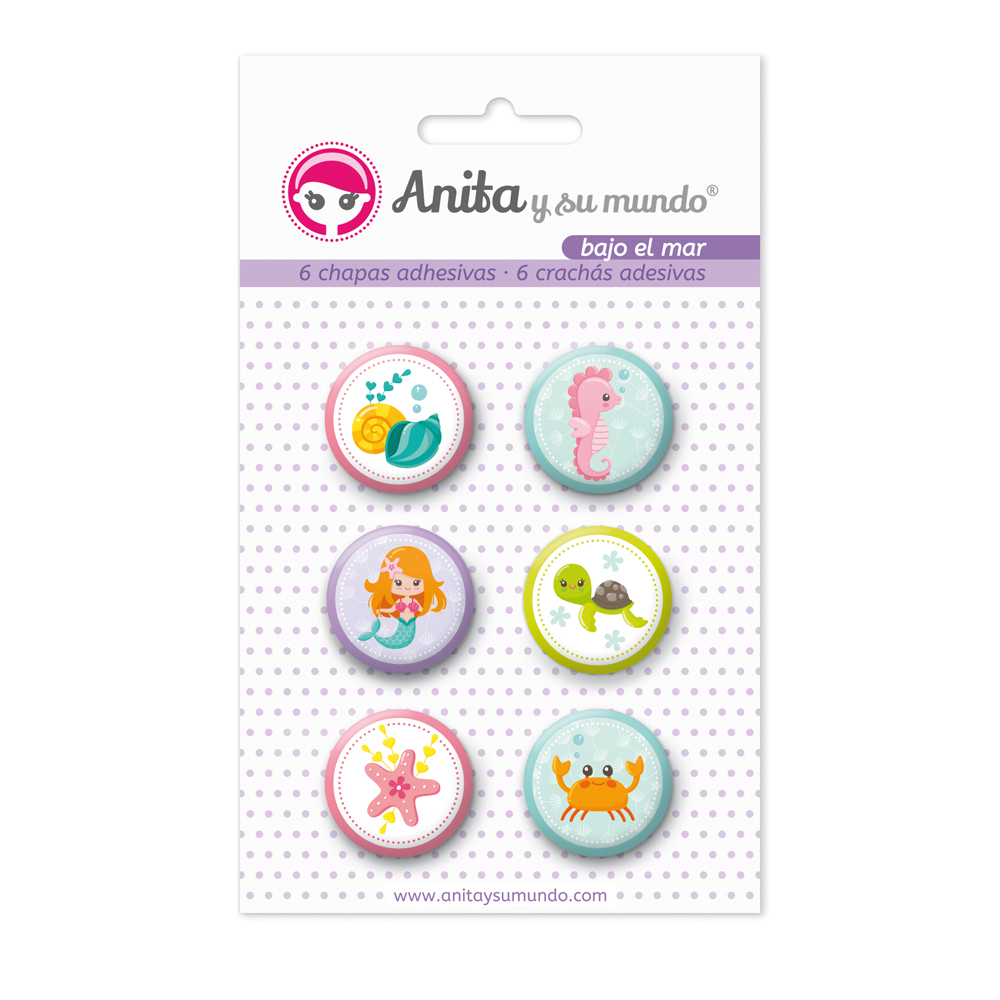Chapas adhesivas colección Bajo el mar. Pack x 6