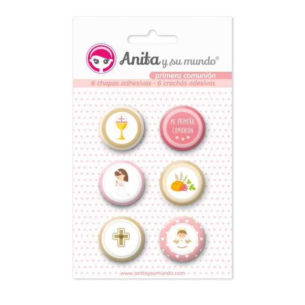 Chapas adhesivas colección 1º Comunión Niña. Pack x 6