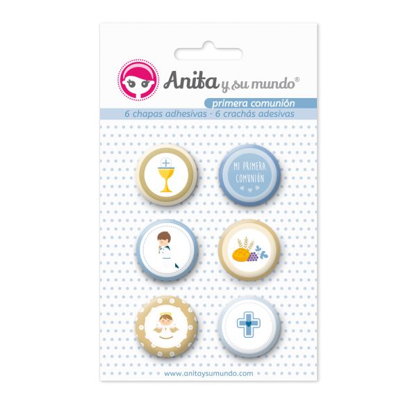 Chapas adhesivas colección 1º Comunión Niño. Pack x 6